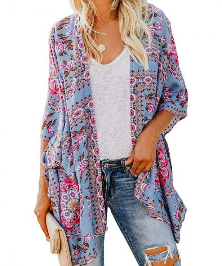 Cover-Ups Women's Kimono Cardigan Bohemian Floral Print Bikini Cover Up Open Front Loose Beach Cover up - Sky Blue - C9193I3EWQA