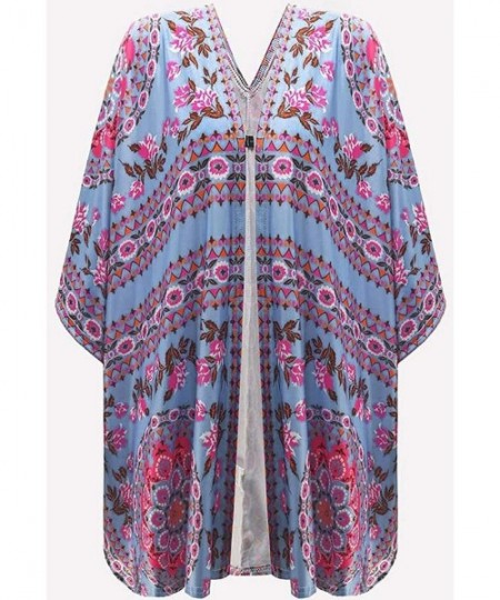 Cover-Ups Women's Kimono Cardigan Bohemian Floral Print Bikini Cover Up Open Front Loose Beach Cover up - Sky Blue - C9193I3EWQA