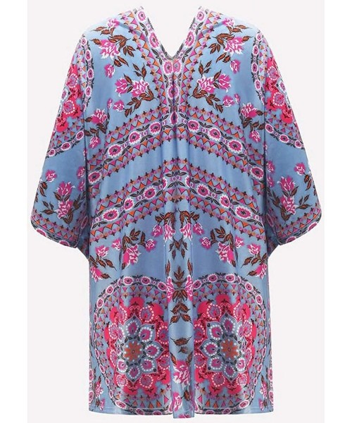 Cover-Ups Women's Kimono Cardigan Bohemian Floral Print Bikini Cover Up Open Front Loose Beach Cover up - Sky Blue - C9193I3EWQA