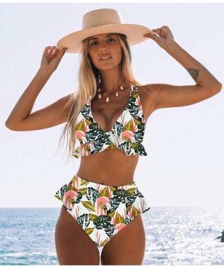 Sets Women High Waisted Swimsuit Ruffle V Neck Bikini Two Pieces Swimwear - Print 19 - CA19DE947I0