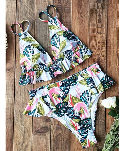 Sets Women High Waisted Swimsuit Ruffle V Neck Bikini Two Pieces Swimwear - Print 19 - CA19DE947I0