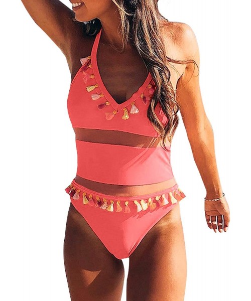 One-Pieces Women Off The Shoulder Ruffle Lace Up Monokini Push Up Bikini One Piece Swimsuits - Red-2 - CE18QCHY9TX