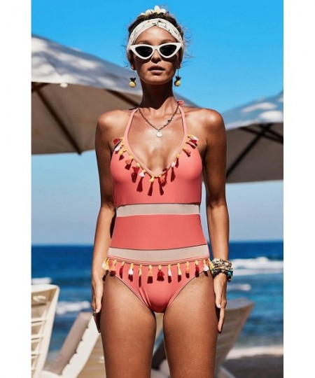 One-Pieces Women Off The Shoulder Ruffle Lace Up Monokini Push Up Bikini One Piece Swimsuits - Red-2 - CE18QCHY9TX