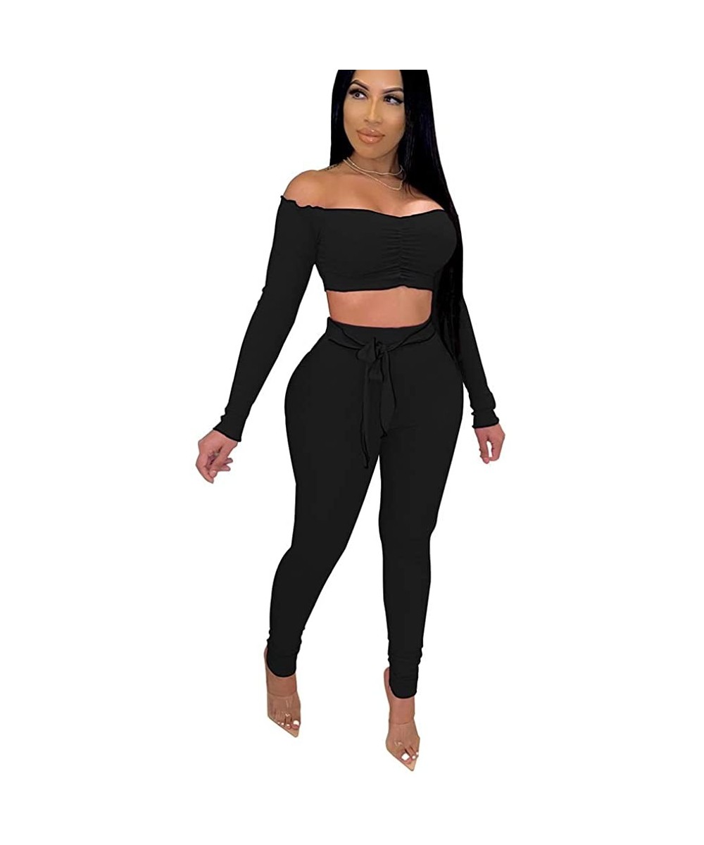 Cover-Ups Women's Sexy 2 Piece Outfits Off Shoulder Crop Tops + Split Bodycon Long Pants Set Tracksuit - Long Sleeve-black - ...