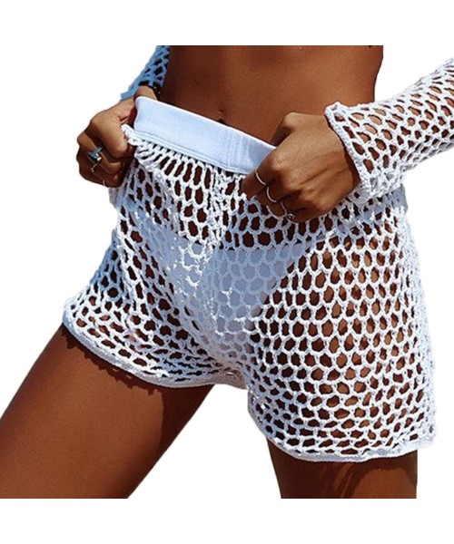 Cover-Ups Women's Hollow Out Crochet Bikini G-String Bottom Cover Up Beach Mesh Shorts Pants - White - CE18GT8AI2G