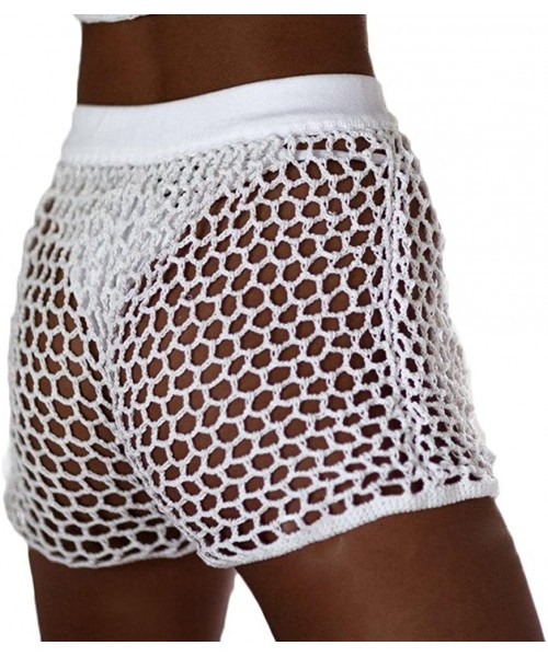 Cover-Ups Women's Hollow Out Crochet Bikini G-String Bottom Cover Up Beach Mesh Shorts Pants - White - CE18GT8AI2G