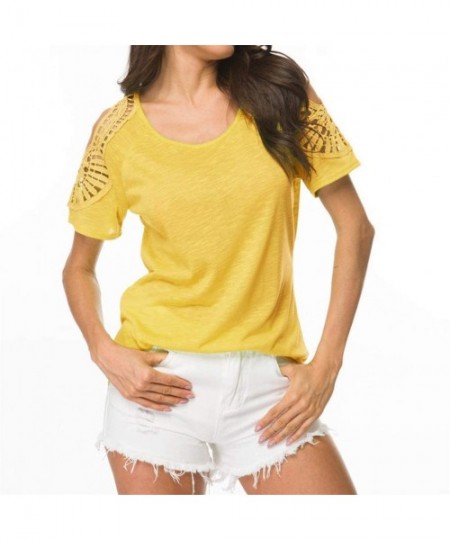 Cover-Ups Women's Basic Boho Short Sleeve Crewneck Hollow Out Solid Blouse Plus Size Tops Shirt Black - Yellow - CT18T9R8SD8