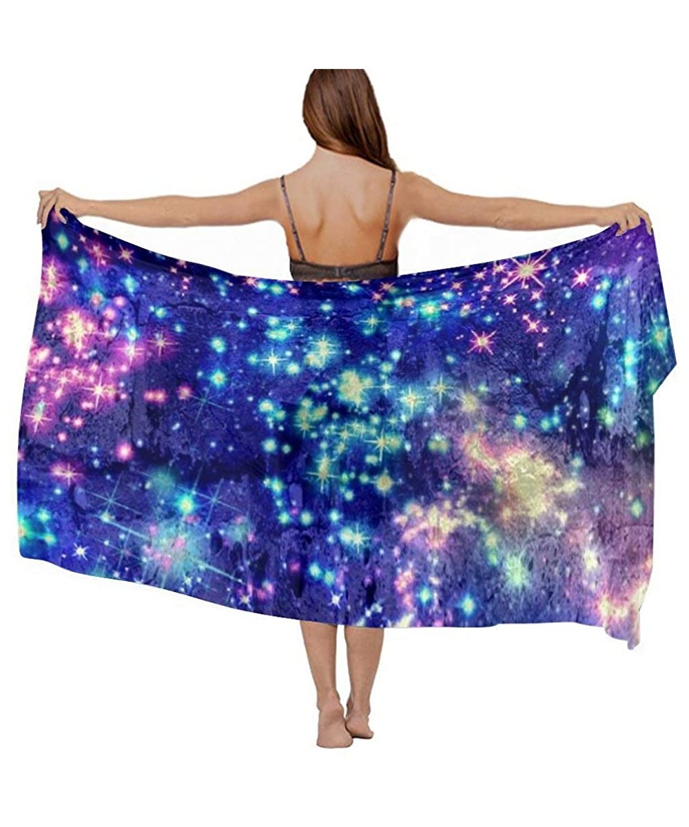 Cover-Ups Women Chiffon Scarf Sunscreen Shawl Wrap Swimsuit Cover Up Beach Sarongs - Colorful Galaxy Bling Bling Stars - CC19...