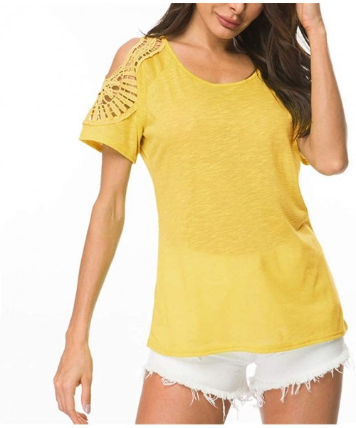 Cover-Ups Women's Basic Boho Short Sleeve Crewneck Hollow Out Solid Blouse Plus Size Tops Shirt Black - Yellow - CT18T9R8SD8