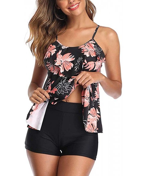 Sets Tankini Swimsuits for Women Two Piece Swimsuit Flounce Printed Tummy Control Tankini with Boyshort Bathing Suits Flower ...