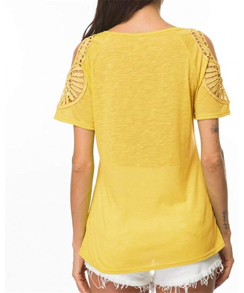 Cover-Ups Women's Basic Boho Short Sleeve Crewneck Hollow Out Solid Blouse Plus Size Tops Shirt Black - Yellow - CT18T9R8SD8