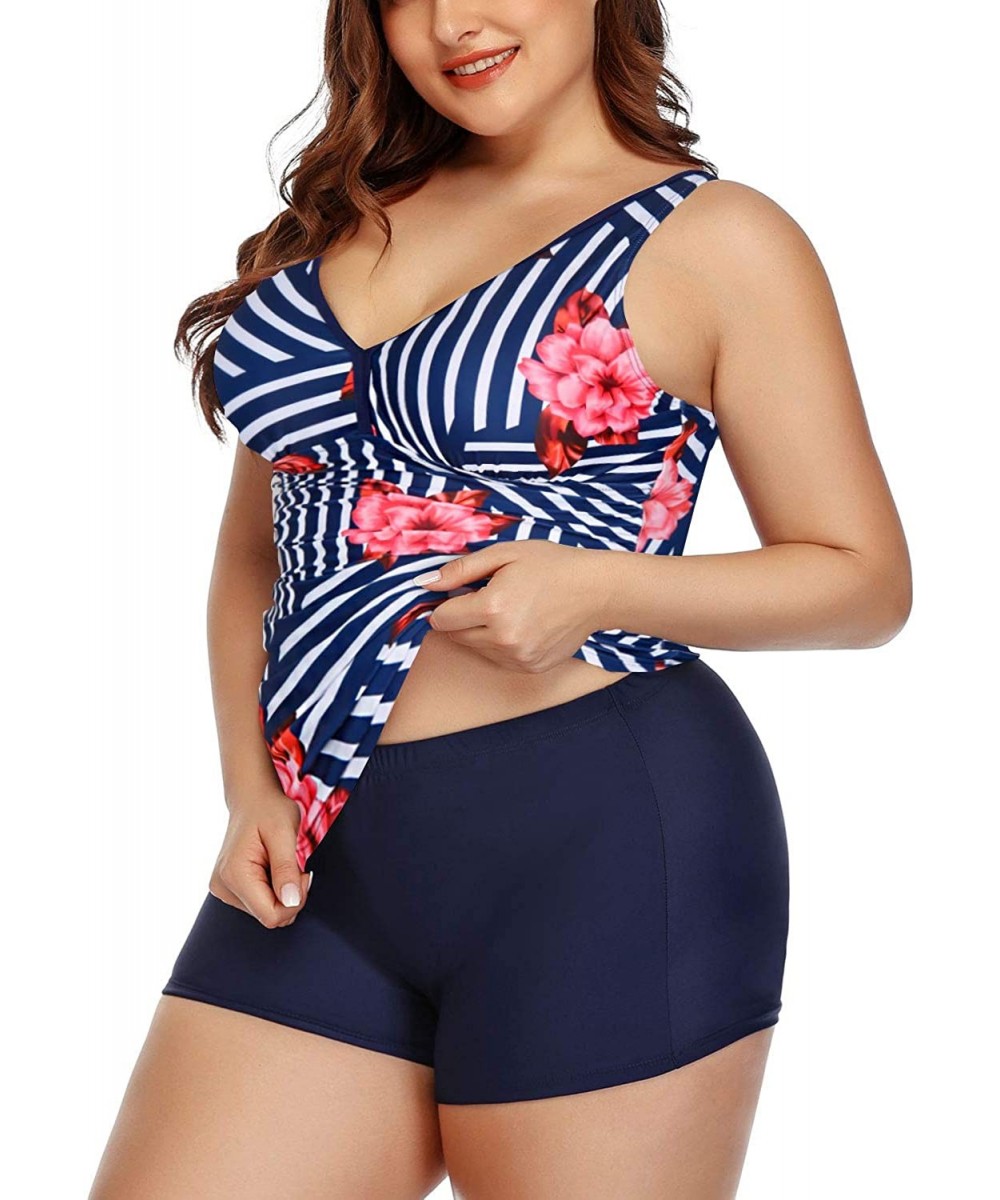 Tankinis Women Plus Size Tankini Swimsuit V-Neck Two Piece Bathing Suit with Shorts High Waist Swimwear - Blue Stripe - C1198...