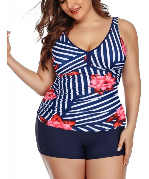 Tankinis Women Plus Size Tankini Swimsuit V-Neck Two Piece Bathing Suit with Shorts High Waist Swimwear - Blue Stripe - C1198...