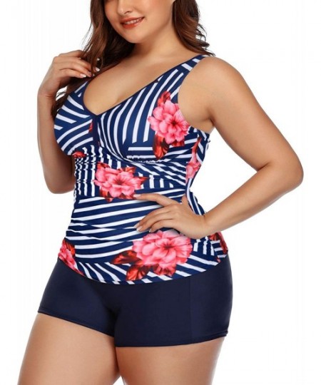 Tankinis Women Plus Size Tankini Swimsuit V-Neck Two Piece Bathing Suit with Shorts High Waist Swimwear - Blue Stripe - C1198...