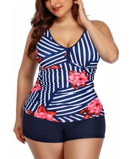 Tankinis Women Plus Size Tankini Swimsuit V-Neck Two Piece Bathing Suit with Shorts High Waist Swimwear - Blue Stripe - C1198...