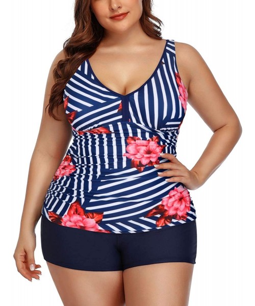 Tankinis Women Plus Size Tankini Swimsuit V-Neck Two Piece Bathing Suit with Shorts High Waist Swimwear - Blue Stripe - C1198...