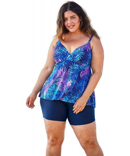 Tankinis Women's Plus Size Bra-Size Wrap Tankini Top - Blue Multi Leaves (1939) - C718M5LI0DW