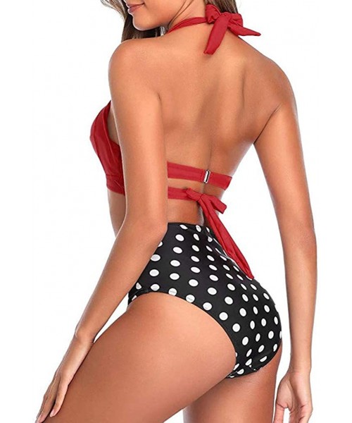 Sets Women's Vintage High Waisted Bikini Sets Solid Color Polka Dot Print Two Pieces Swimsuits Bathing Suits Swimwear 2 red -...