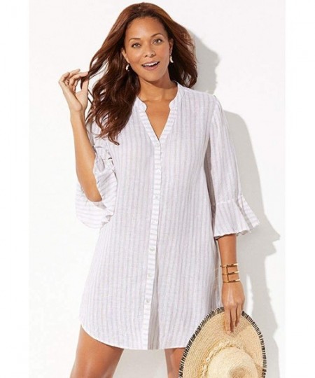 Cover-Ups Women's Plus Size Sandra Button Up Cover Up Shirt - Natural - C518AXDS0CQ