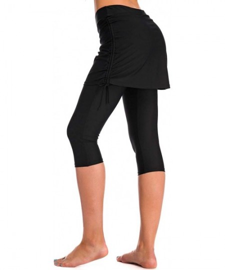 Bottoms Women's Swim Capris with Side-Tie Skirt UV Protection Athletic Running Swimming Skirted Leggings - Black - CP18W6Z3UI8