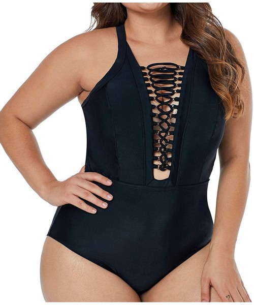 Sets Women's Plus Size Swimsuits One Piece Monokinis Swimwear Athletic Tankini - Black V-neck - C018R4W52TN