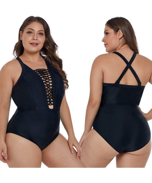 Sets Women's Plus Size Swimsuits One Piece Monokinis Swimwear Athletic Tankini - Black V-neck - C018R4W52TN