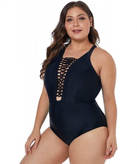 Sets Women's Plus Size Swimsuits One Piece Monokinis Swimwear Athletic Tankini - Black V-neck - C018R4W52TN