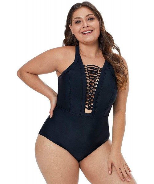 Sets Women's Plus Size Swimsuits One Piece Monokinis Swimwear Athletic Tankini - Black V-neck - C018R4W52TN