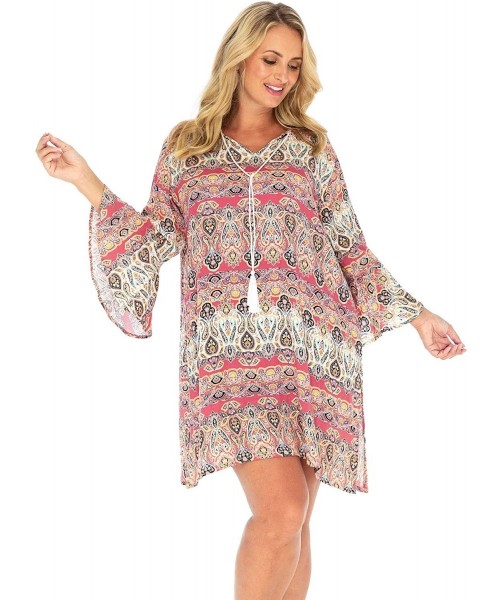 Cover-Ups Womens Casual Short Boho Dress Bathing Suit Swimsuit Cover Up Loose Fit Beach Tunic Kaftan Rayon - Terracota - CF19...