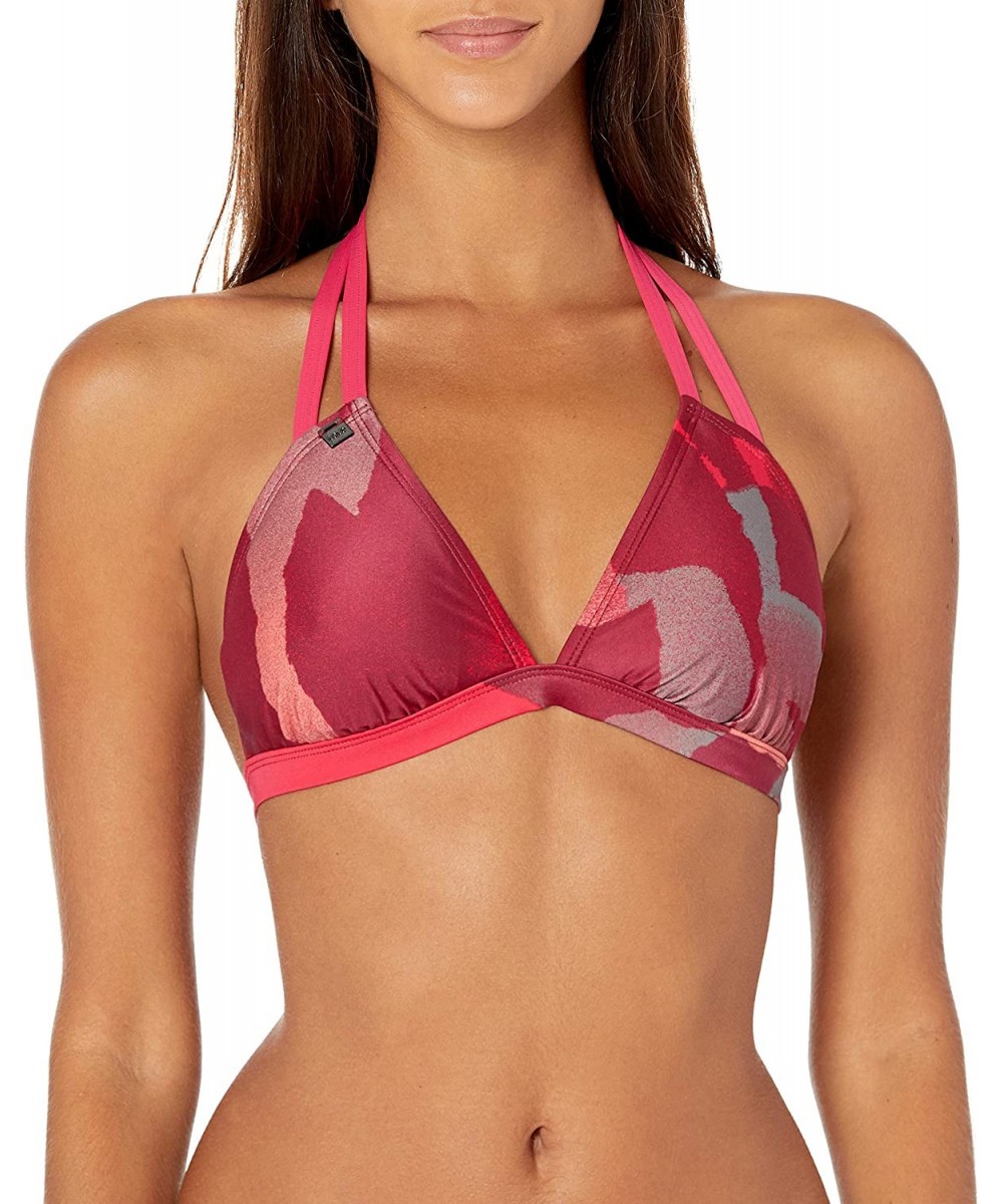 Tops Women's Lanai Halter Bathing Swimsuit Triangle Top - Black - Tropical Rose Santa Fe - CC12IQC7L9N