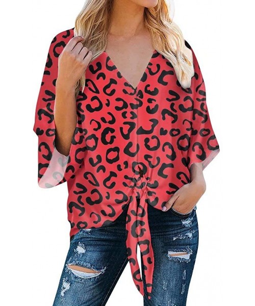 Cover-Ups Womens Deep V Neck Front Tie Knot Top Blouses Batwing Sleeve Loose Shirts - Red Leopard - C0192828E8N