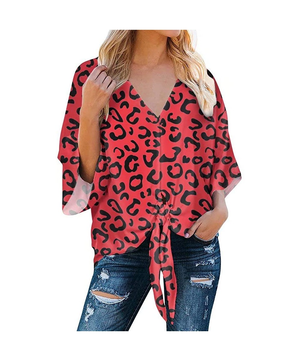 Cover-Ups Womens Deep V Neck Front Tie Knot Top Blouses Batwing Sleeve Loose Shirts - Red Leopard - C0192828E8N