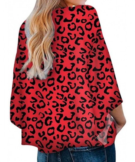 Cover-Ups Womens Deep V Neck Front Tie Knot Top Blouses Batwing Sleeve Loose Shirts - Red Leopard - C0192828E8N