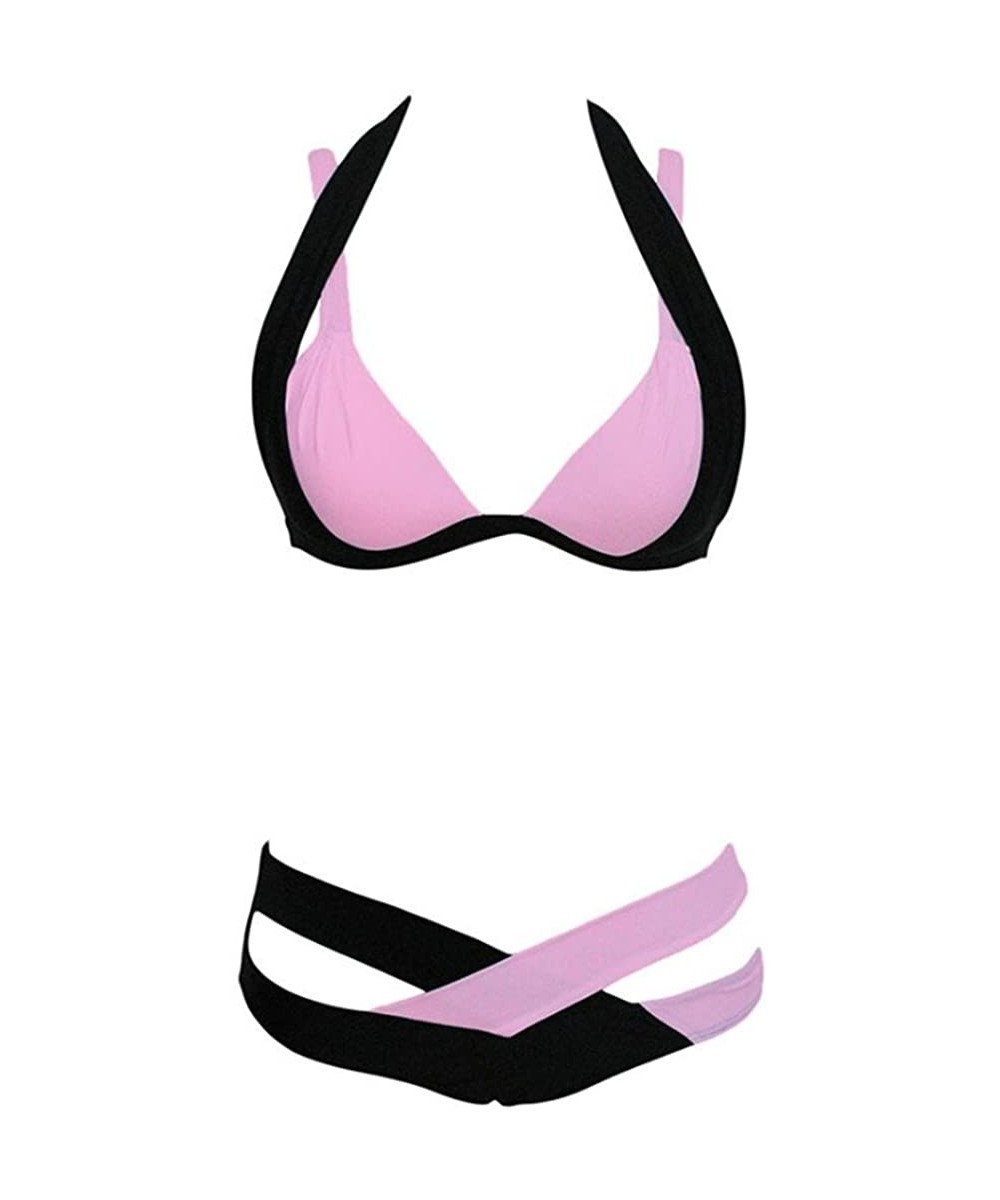 Racing Women's Fashion Push Up Halter Double Color Cross Bikini Set - Pink+black - C512EASI1LN