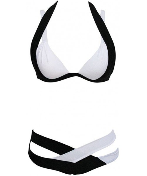 Racing Women's Fashion Push Up Halter Double Color Cross Bikini Set - Pink+black - C512EASI1LN