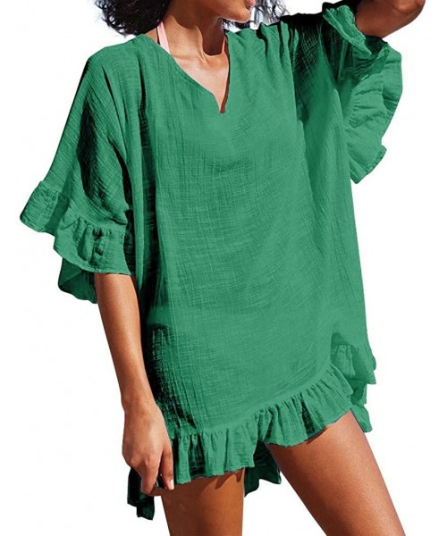 Cover-Ups 2019 Women's Fashion V Neck Solid Cover Up Ruffle Half Sleeve Sexy Bathing Suit Swimsuit Smock Summer Dress Green -...