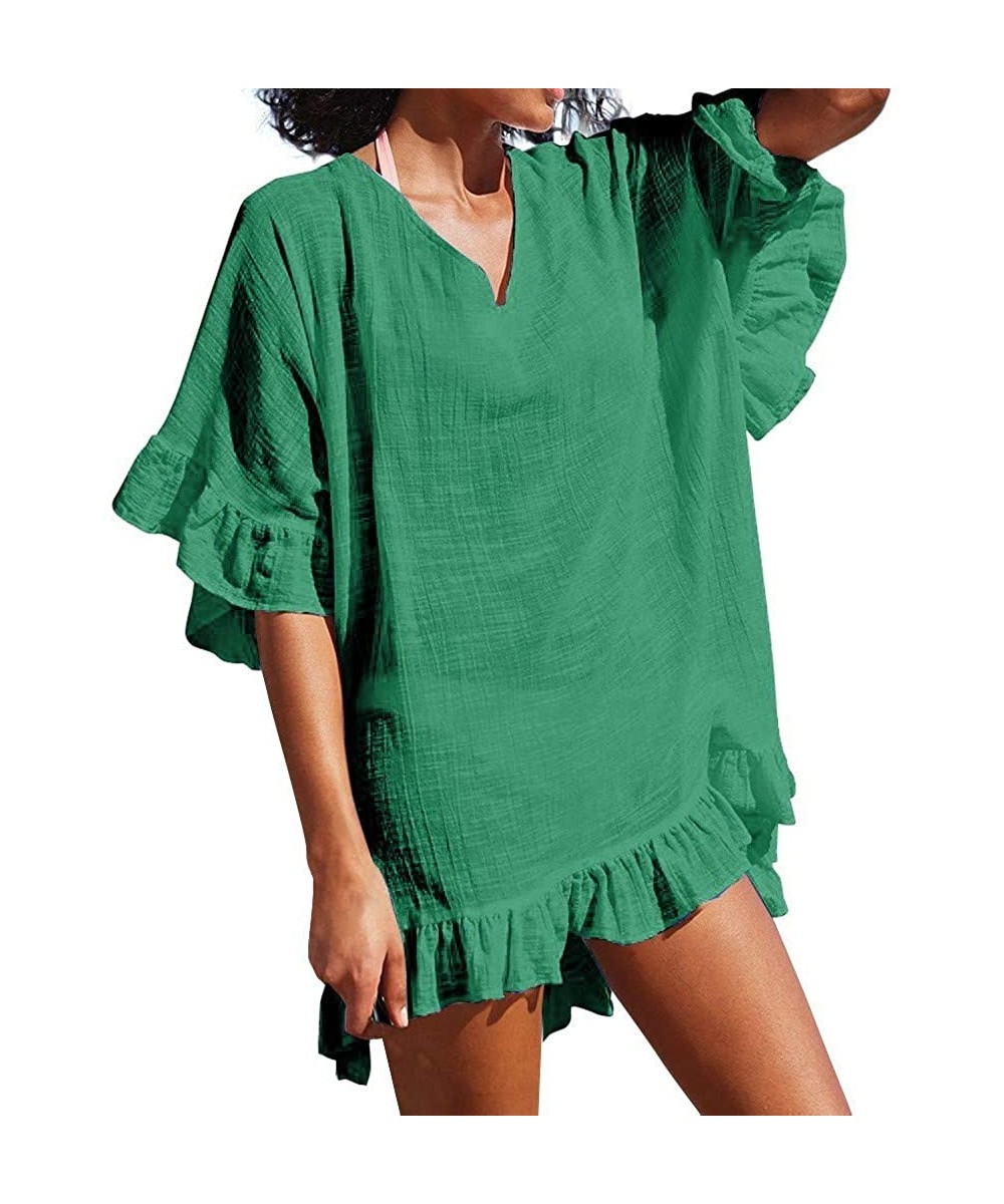 Cover-Ups 2019 Women's Fashion V Neck Solid Cover Up Ruffle Half Sleeve Sexy Bathing Suit Swimsuit Smock Summer Dress Green -...