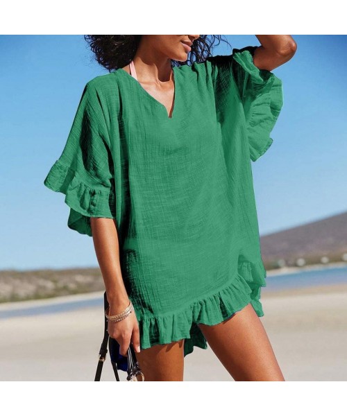 Cover-Ups 2019 Women's Fashion V Neck Solid Cover Up Ruffle Half Sleeve Sexy Bathing Suit Swimsuit Smock Summer Dress Green -...