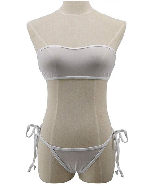 Sets Women's Strapless Bathing Suit Lace up Bandeau Top Tie Side Bottom High Cut Swimsuit Thong Bikini Mesh Swimwear White - ...