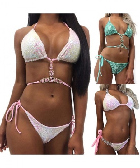 Sets Sexy Sequins Rhinestone Bra Briefs Bikini Set Women Summer Swimwear Bathing Suit - Pink S - Bluel - C9198Y3YA7Y