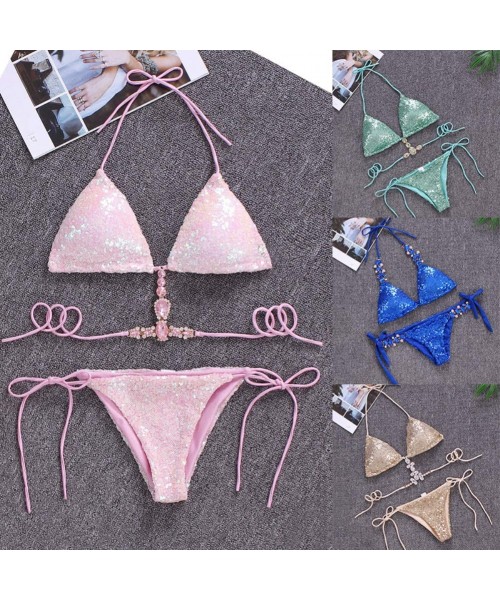 Sets Sexy Sequins Rhinestone Bra Briefs Bikini Set Women Summer Swimwear Bathing Suit - Pink S - Bluel - C9198Y3YA7Y