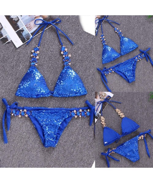 Sets Sexy Sequins Rhinestone Bra Briefs Bikini Set Women Summer Swimwear Bathing Suit - Pink S - Bluel - C9198Y3YA7Y