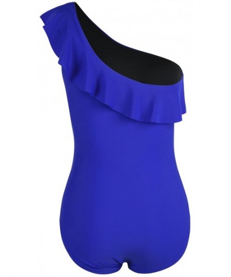 One-Pieces Women's One Piece Swimsuits One Shoulder Swimwear Asymmetric Ruffle Monokinis Bathing Suits - Royal Blue - C318ED3...