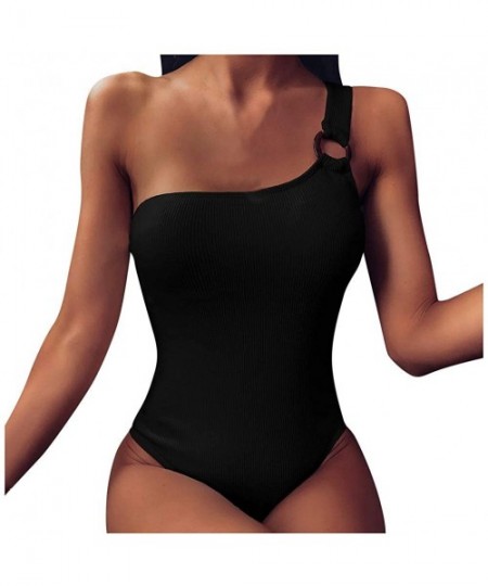 One-Pieces Women Single Shoulder Pure Color Jumpsuit Beach Bikini One Piece Swimwear - Black - CC196DKYTKX