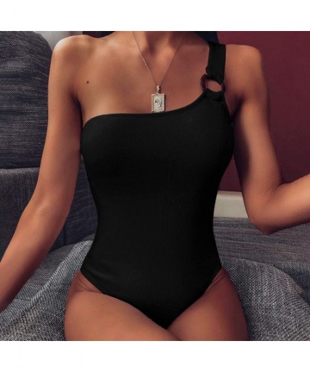 One-Pieces Women Single Shoulder Pure Color Jumpsuit Beach Bikini One Piece Swimwear - Black - CC196DKYTKX