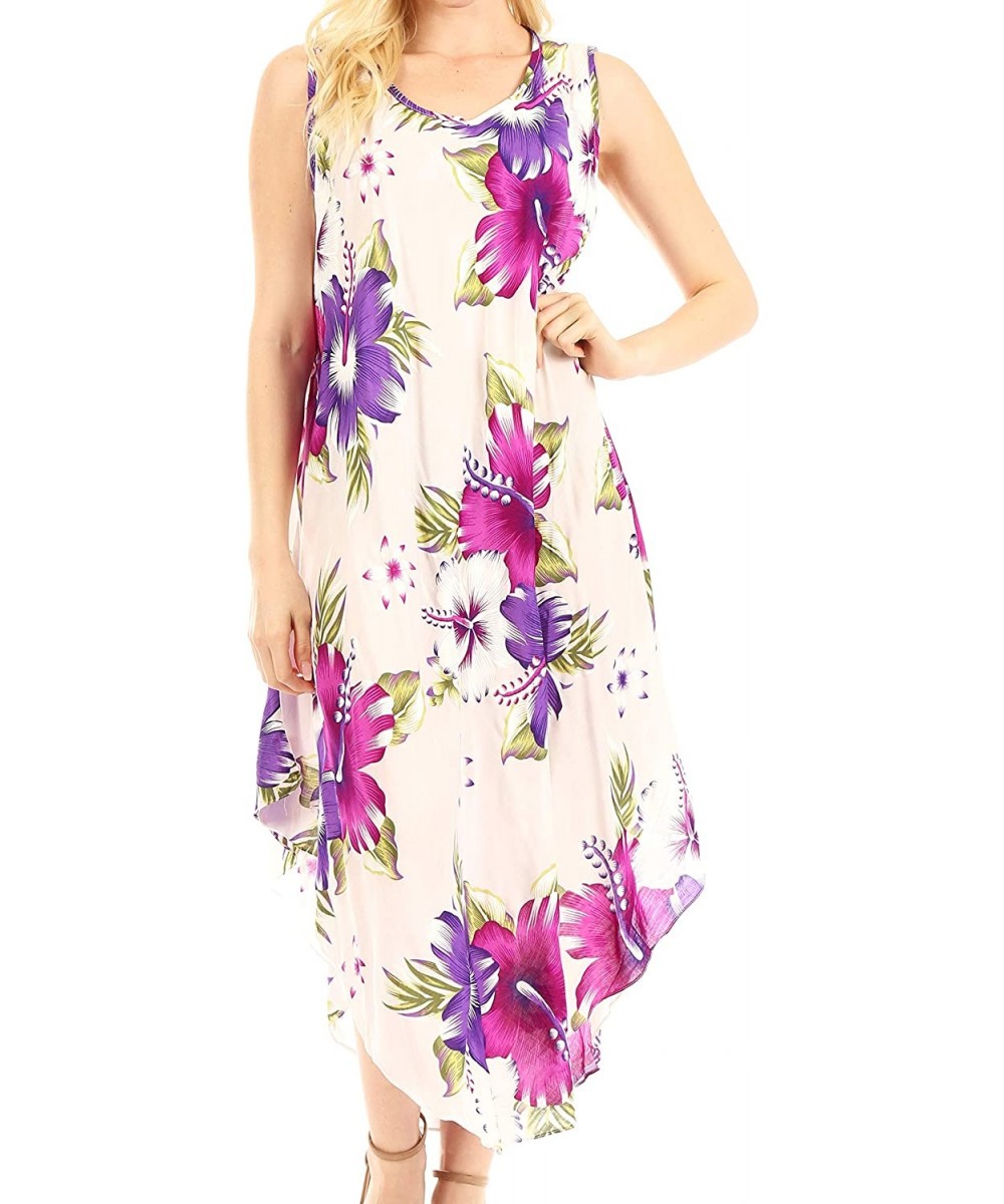 Cover-Ups Women's Casual Summer Floral Print Sleeveless Loose Dress Cover-up - W-purple - CU194A3D24S