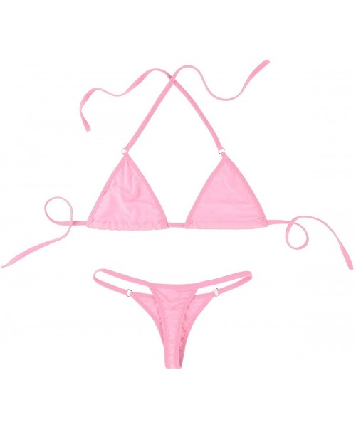 Sets Women's 2 Pieces Bikini Set Halter Micro Crop Bra Top with G-String Thongs Underwear Lingerie - Pink - C118NUYZXZ3