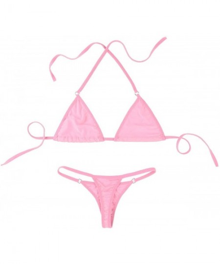 Sets Women's 2 Pieces Bikini Set Halter Micro Crop Bra Top with G-String Thongs Underwear Lingerie - Pink - C118NUYZXZ3