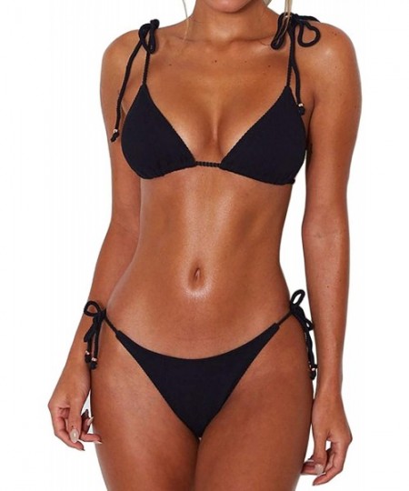 Sets Women's Sexy Ribbed Spaghetti Strap Pure Color Bikini Sets Female 2 Pieces Swimsuits Bathing Suits - Black - C818QYOHDT7