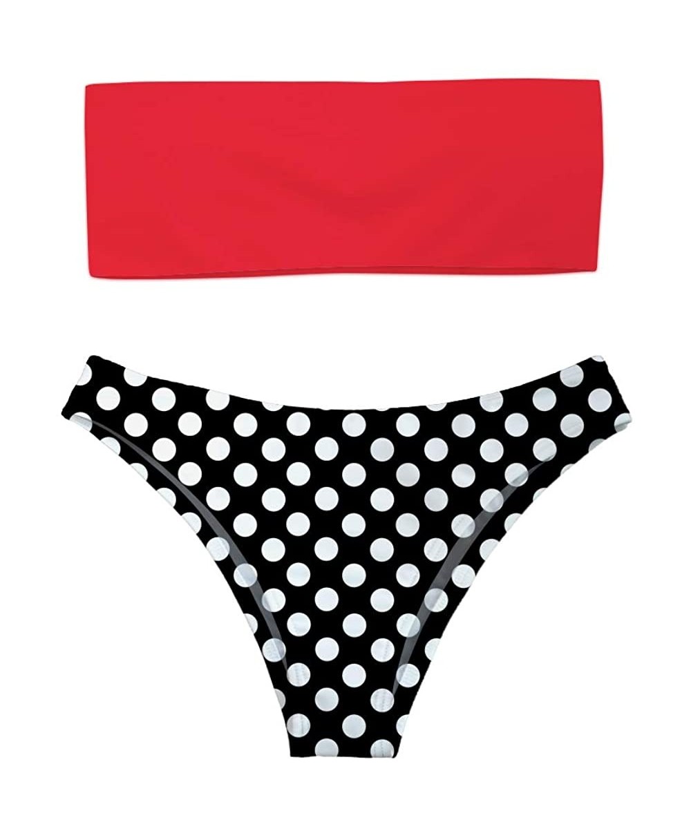 Racing Women 2 Pieces Bandeau Bikini Swimsuit Off Shoulder High Waist Bathing Suit - Red Top With Black Polka Dot Bottom - C4...